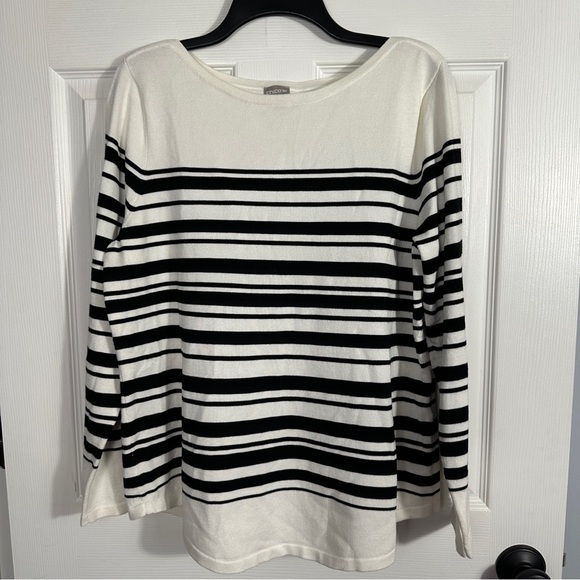 Chico's sz. 2 (Lg) boat neck sweater, cream with black stripes, long sleeve - Picture 1 of 8